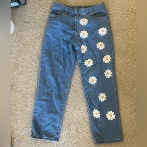 Flower printed half and half jeans
